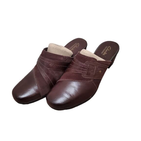 Clarks Bendables New Mocha Brown Leather Slip On Platform Mule Shoes, Womens 9.5 - Picture 1 of 9